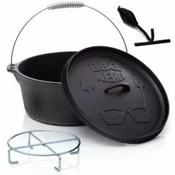 Null BBQ-Nerd© Dutch Oven "Starter" 7,2L Mit Ständer| Bereits Eingebrannt | Gusseisen Feuertopf, Bräter Mit Deckel Inkl. Deckelheber