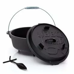 Null BBQ-Nerd© Dutch Oven "Professional" 7,3L Mit Füßen | Bereits Eingebrannt | Gusseisen Feuertopf Mit Deckel Und Integr. Bratpfanne und Deckelheber