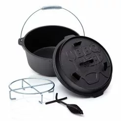 Null BBQ-Nerd© Dutch Oven "Professional" 4,2L Mit Ständer | Bereits Eingebrannt | Gusseisen Feuertopf Mit Deckel Und Integr. Bratpfanne und Deckelheber